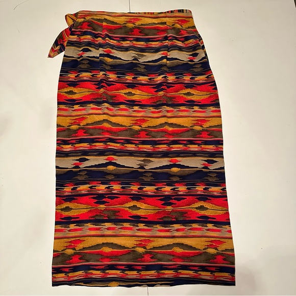 Jones New York Silk Vintage Red Yellow Southwestern Aztec Faux Wrap Maxi Shirt - Picture 3 of 15